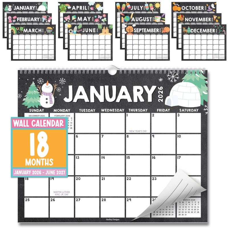 Hadley Designs 2026 Wall Calendar Large - Spiral Wall Calendars 2026-2027, 18 Months Calendar from January 2026 to June 2027, Hanging Calendars for Home, Office, Classroom, Chalkboard Monthly Planner - Image 1