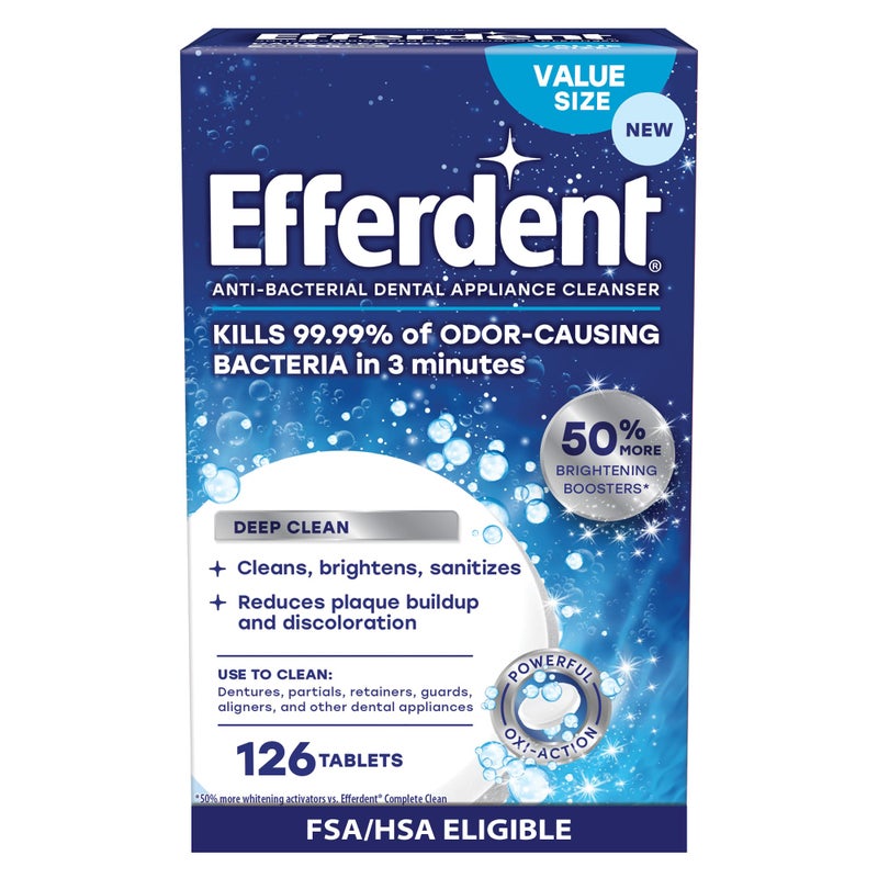 Efferdent Denture Cleaner Tablets â€“ Deep Clean Brightening for Dental Appliances, Aligners, Mouth Guard, and Retainer Cleaner Tablets, Complete Clean, 126 Count - Image 1