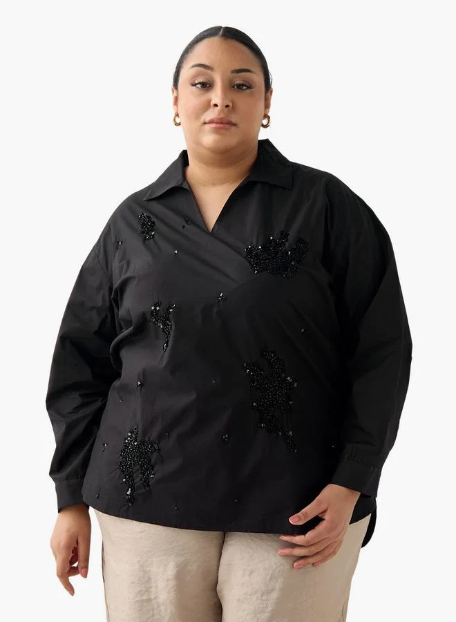 Ulla Popken Ulla Popken Relaxed Fit Cotton Top with Embellishment