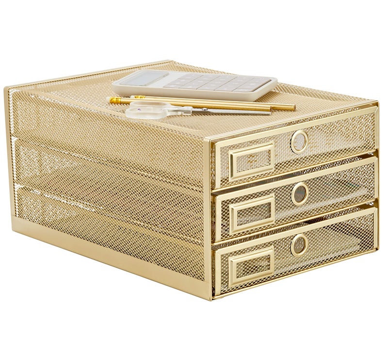 Annova Desk Organizer Wire Mesh 3 Tier Sliding Drawers Paper Sorter/Multifunctional/Premium Solid Construction for Letters, Documents, Mail, Files, Paper, Kids' Art Supplies (Gold) - Image 1