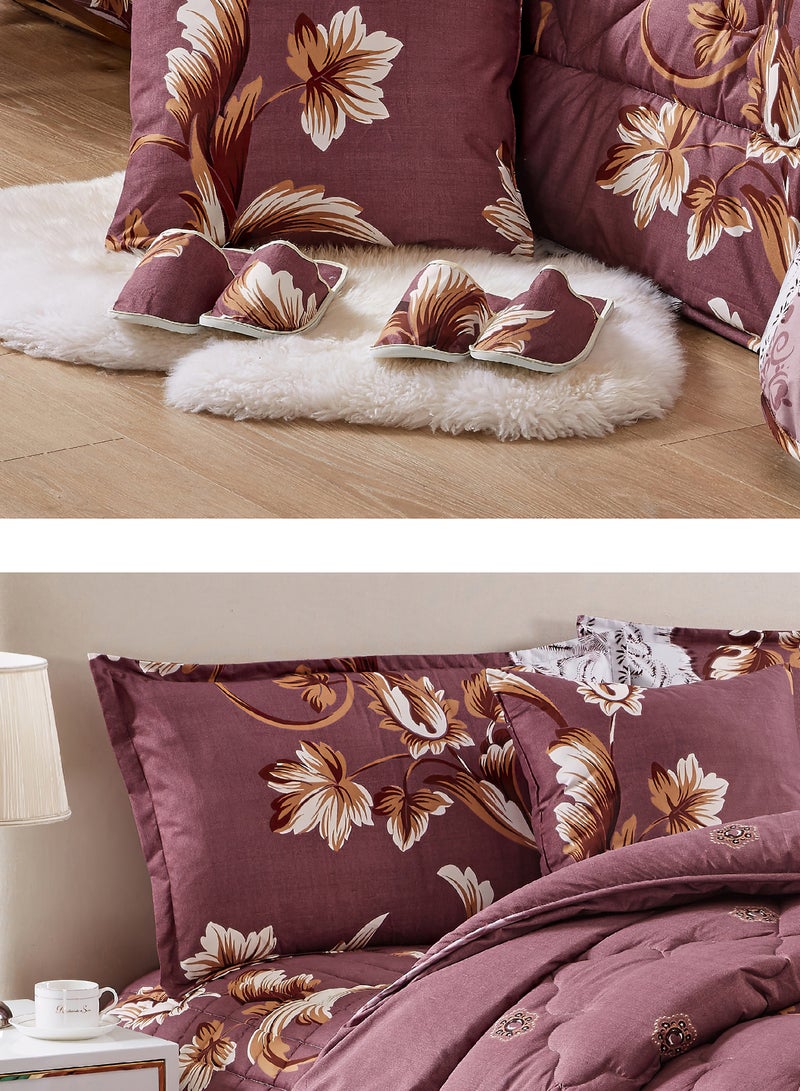 Moon Bed In A Bag Medium Filling King Size Comforter Set, 10 Pcs Floral Bedding Set Size 220 X 240 Cm with Comforter, Quilted Bed Skirt, Pillowcases, Cushion & Bedroom Slipper, Multicolor  - Image 3