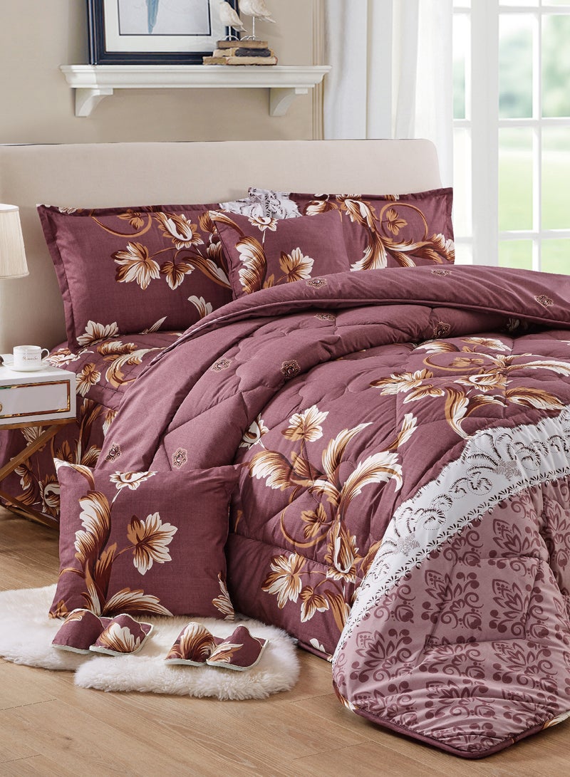 Moon Bed In A Bag Medium Filling King Size Comforter Set, 10 Pcs Floral Bedding Set Size 220 X 240 Cm with Comforter, Quilted Bed Skirt, Pillowcases, Cushion & Bedroom Slipper, Multicolor  - Image 1