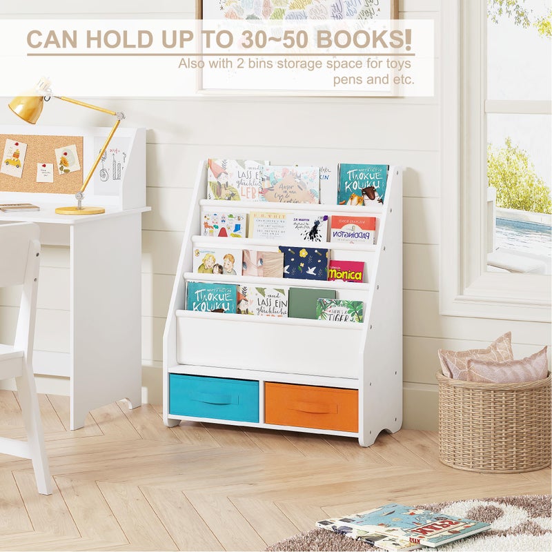 UTEX Kids Bookshelf with Storage Bins, Book Shelf for Kids Rooms, 4-Tier Toddler Sling Bookshelf for Nursery, Living Room, Bedroom, White - Image 2