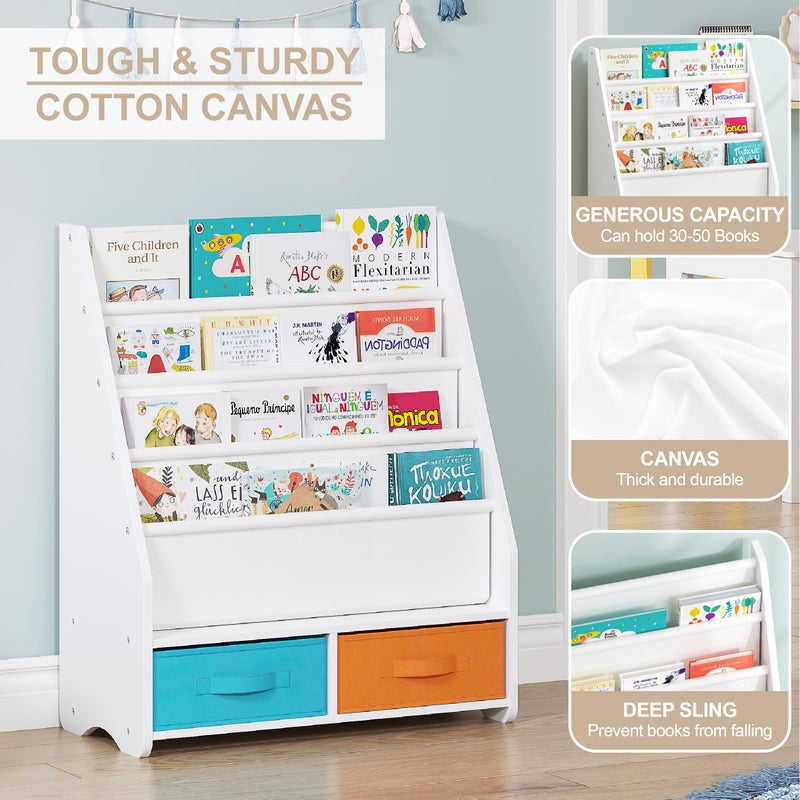 UTEX Kids Bookshelf with Storage Bins, Book Shelf for Kids Rooms, 4-Tier Toddler Sling Bookshelf for Nursery, Living Room, Bedroom, White - Image 3