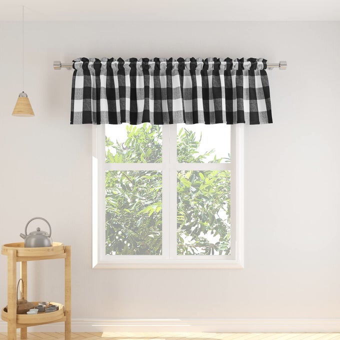 WINDOW CURTAIN VALANCES 18 INCHES LONG LIVING ROOM BEDROOM 1 PANEL BUFFALO CHECK SMALL VALANCE CURTAIN ROD POCKET CLASSIC COUNTRY FARMHOUSE BLACK WHITE