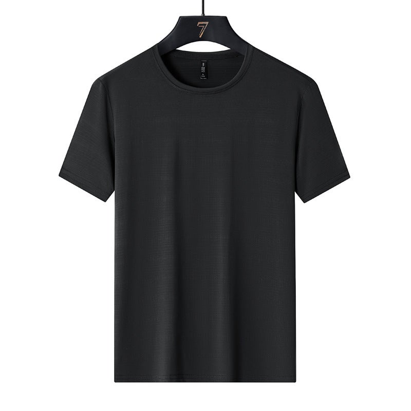 Style Ice Silk Mesh Elastic Breathable Hole Round Neck Large Size Couple Outdoor Short-Sleeved Breathable Elastic Solid Goods - Image 1