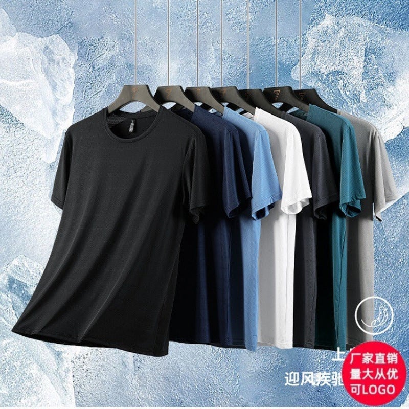 Style Ice Silk Mesh Elastic Breathable Hole Round Neck Large Size Couple Outdoor Short-Sleeved Breathable Elastic Solid Goods - Image 2