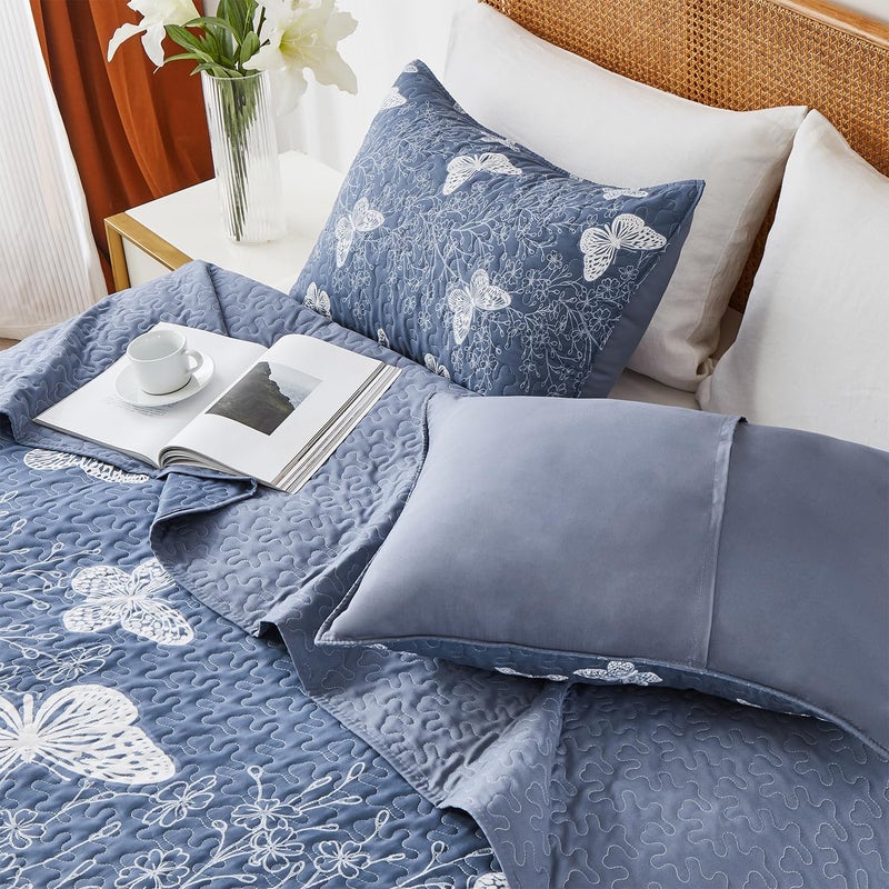 Yogeneg Full Queen Size Quilt Set,White Butterfly Botanical Pattern Blush Grey Bedding Set,3 Piece Lightweight Soft Summer Bedspread Coverlet with 2 PIillow Sham for All Season(Butterfly,90"x96") - Image 3