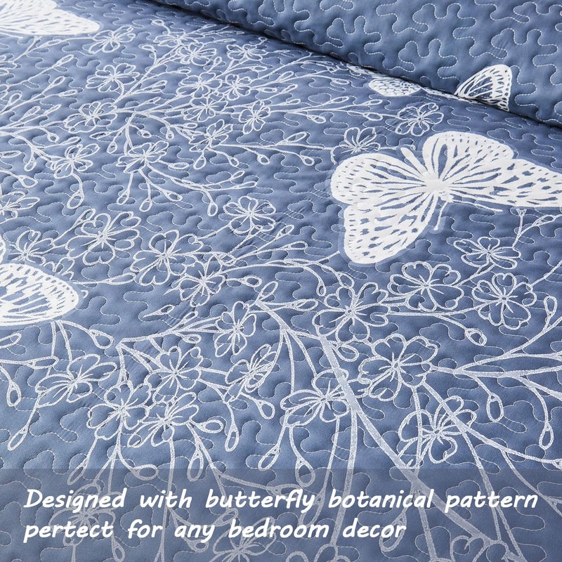 Yogeneg Full Queen Size Quilt Set,White Butterfly Botanical Pattern Blush Grey Bedding Set,3 Piece Lightweight Soft Summer Bedspread Coverlet with 2 PIillow Sham for All Season(Butterfly,90"x96") - Image 4