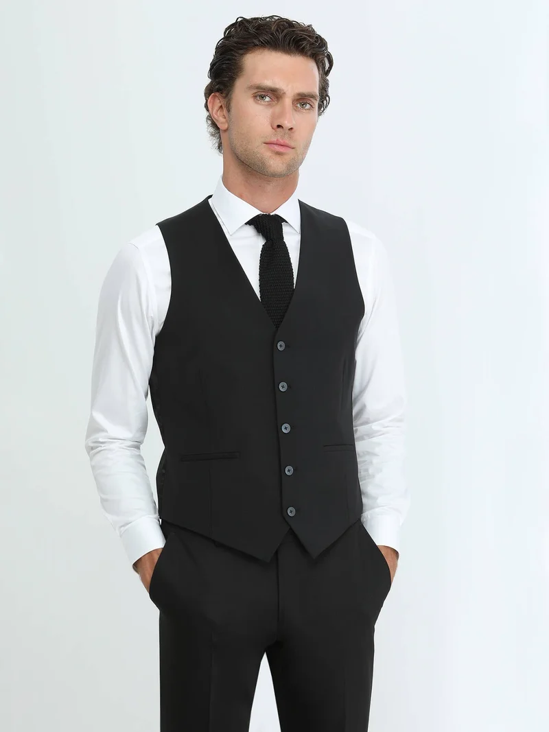 Kip Black Slim Fit Classical Weaving Waistcoat