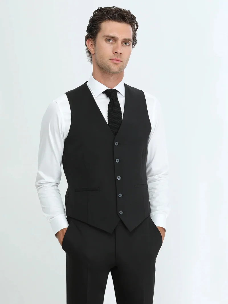 Kip Black Slim Fit Classical Weaving Waistcoat