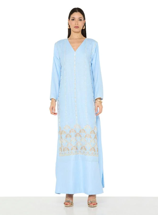 Thouq Light Blue A-Line Maxi Jalabiya with Golden Embroidery