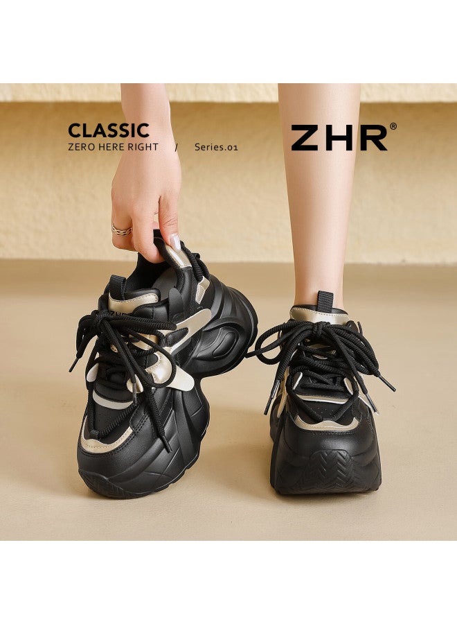 Zhr Thick-soled Daddy Shoes Women's Internal Heightening All-match Women's Shoes Comfortable Small Size Casual Shoes Women Ks55 Black Gold 35 - Image 1