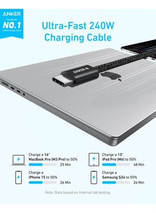 Zolo USB C to USB C Cable, Braided and Dirt-Free Type C Fast Charging Cable, Slim Connector, for iPhone 17/16 Series, MacBook (240W) (Black, 6ft) - view 3