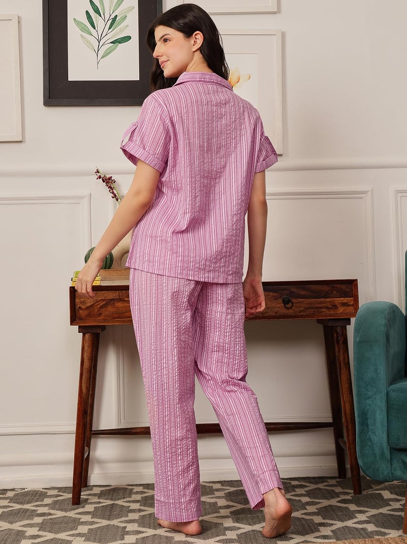 Clovia Women's Sassy Stripes Button Me Up Shirt & Pyjama Set (LS0385A15_Purple_L) - Image 2