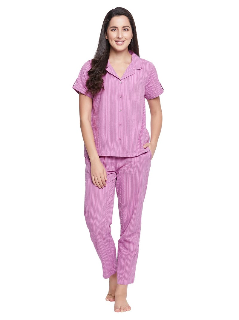 Clovia Women's Sassy Stripes Button Me Up Shirt & Pyjama Set (LS0385A15_Purple_L) - Image 1
