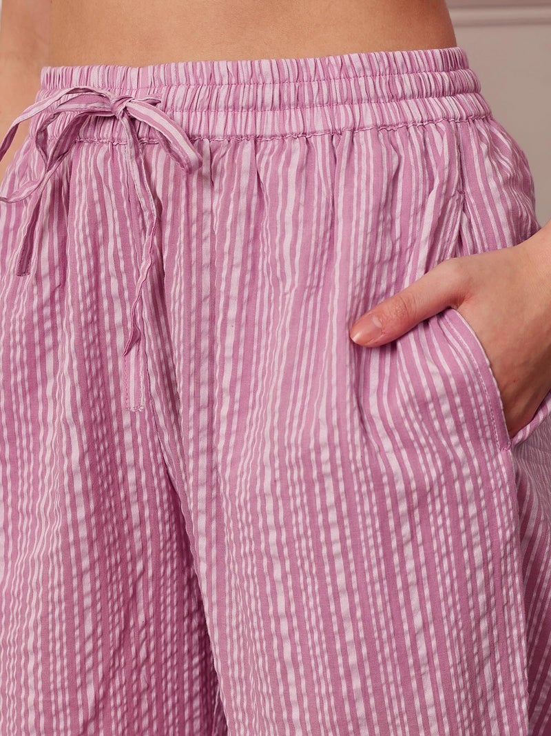 Clovia Women's Sassy Stripes Button Me Up Shirt & Pyjama Set (LS0385A15_Purple_L) - Image 3