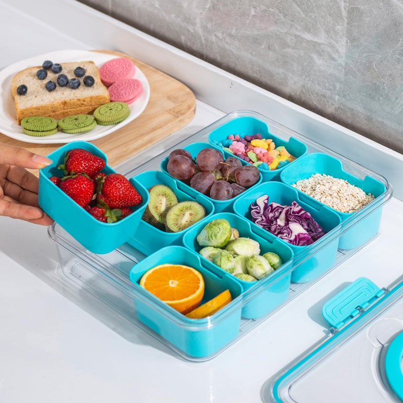 WACOI Divided Snack Serving Tray with Lid and Handle Travel Snackle Charcuterie Container Portable Storage Organizer for Candy, Fruits, Nuts, Snacks, Party, Picnic (1pack, Lake blue) - Image 3