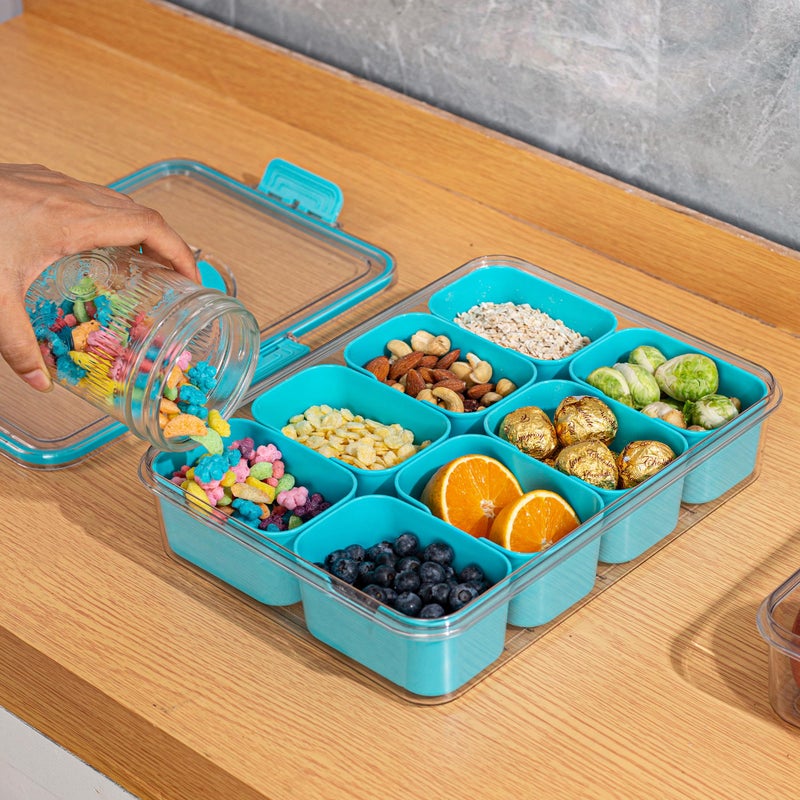 WACOI Divided Snack Serving Tray with Lid and Handle Travel Snackle Charcuterie Container Portable Storage Organizer for Candy, Fruits, Nuts, Snacks, Party, Picnic (1pack, Lake blue) - Image 4