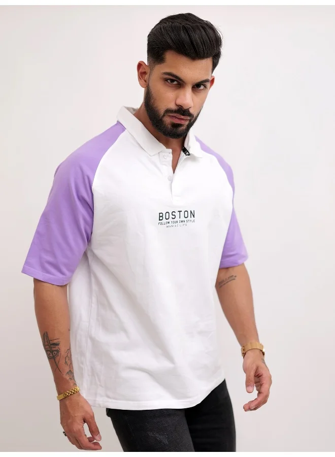Maniac Mens Printed Raglan Polo Neck 3/4th Sleeve White and Purple Cotton Oversized T-Shirt