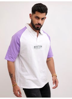 Maniac Mens Printed Raglan Polo Neck 3/4th Sleeve White and Purple Cotton Oversized T-Shirt  - Image 3