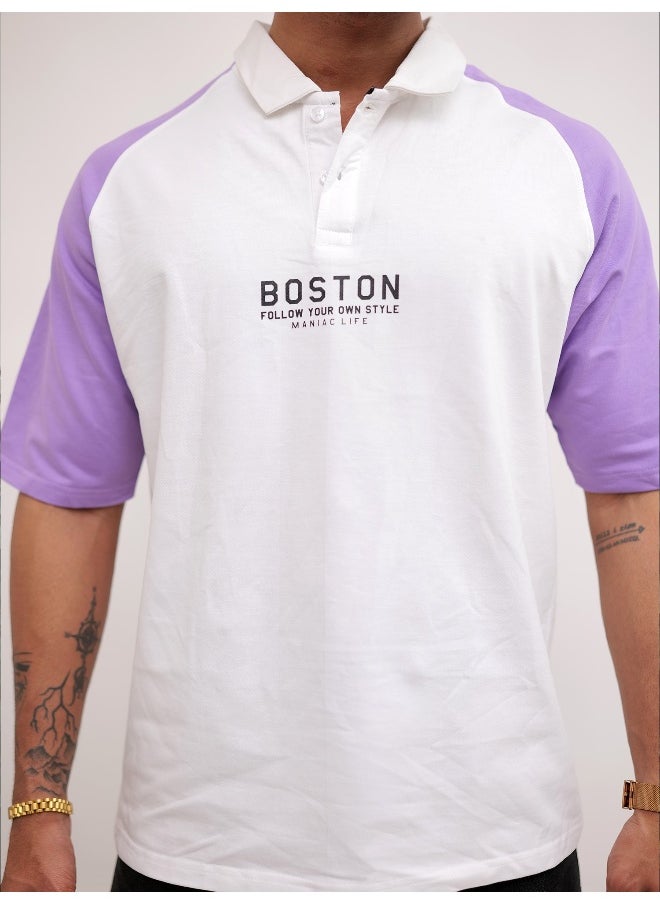 Maniac - Mens Printed Raglan Polo Neck 3/4th Sleeve White and Purple Cotton Oversized T-Shirt - Image 1