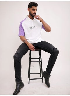 Maniac Mens Printed Raglan Polo Neck 3/4th Sleeve White and Purple Cotton Oversized T-Shirt  - Image 5