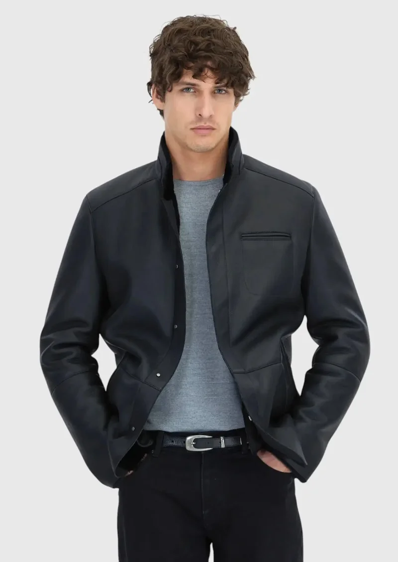 RAMSEY Black Regular Fit Turtleneck Casual Shearling Leather Coat