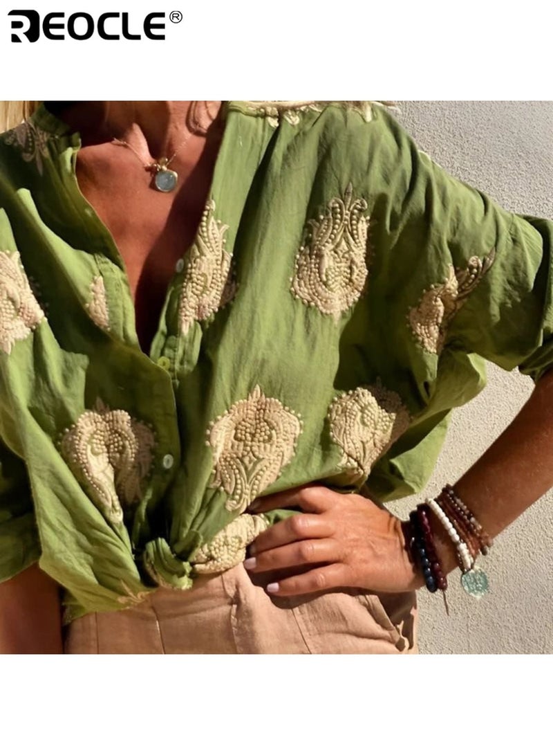 REOCLE Women's Button Down Shirts Lapel Neck Blouses Long Sleeved Business Work Tops Vintage Graphic Shirts Casual Oversized Shirts for Commuting & Business & Daily Wear - Image 1