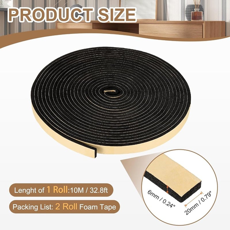 PATIKIL Foam Insulation Tape, 2Pcs 3/4" W x 1/4" t x 32.8FT Self Adhesive Weather Stripping Door Seal Strip for Door Window Air Conditioning, Black - Image 2