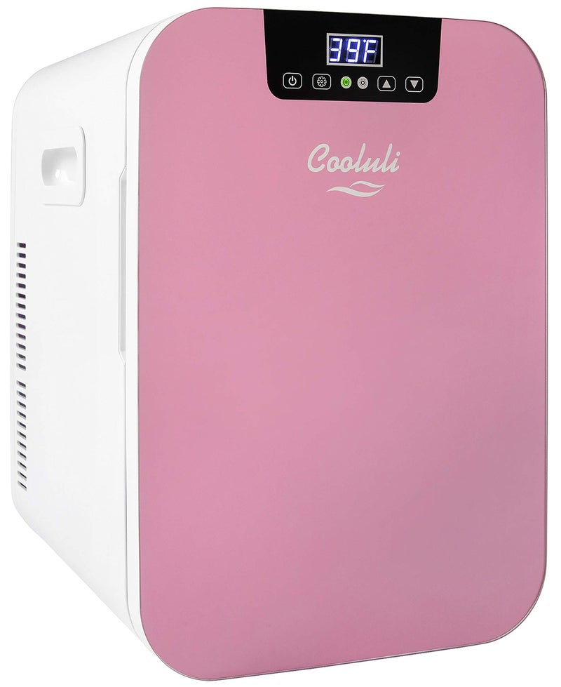 Cooluli 20L Mini Fridge For Bedroom - Car, Office Desk & College Dorm Room - Glass Front & Digital Temperature Control - Small 12v Refrigerator for Food, Drinks, Skincare, Beauty & Breast Milk (Pink) - Image 1