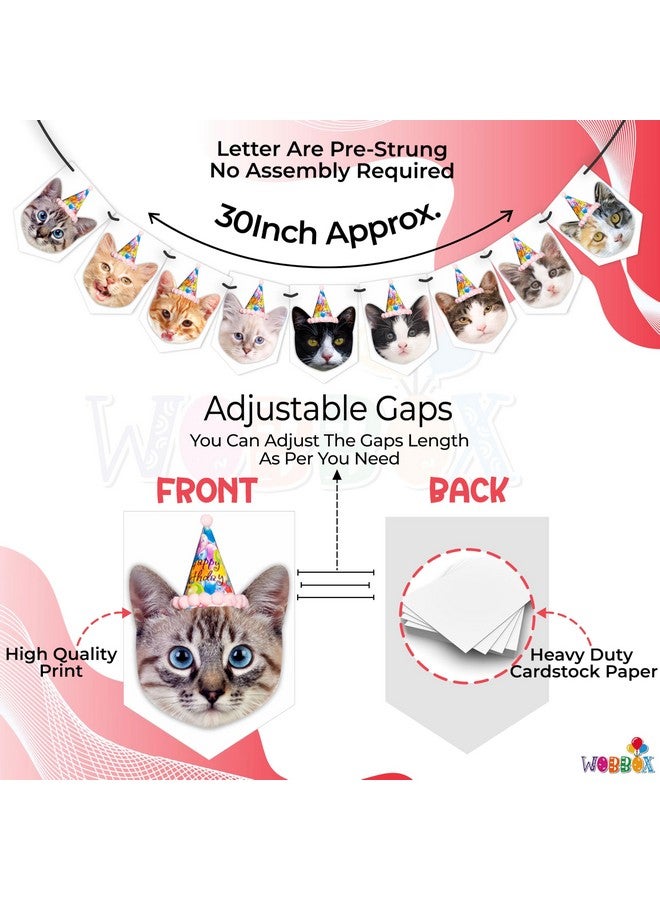 WOBBOX Cat Birthday Decoration "Cat Faces" Bunting Banner, Kitty Birthday Decoration Items - Image 3