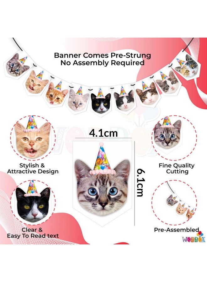 WOBBOX Cat Birthday Decoration "Cat Faces" Bunting Banner, Kitty Birthday Decoration Items - Image 2