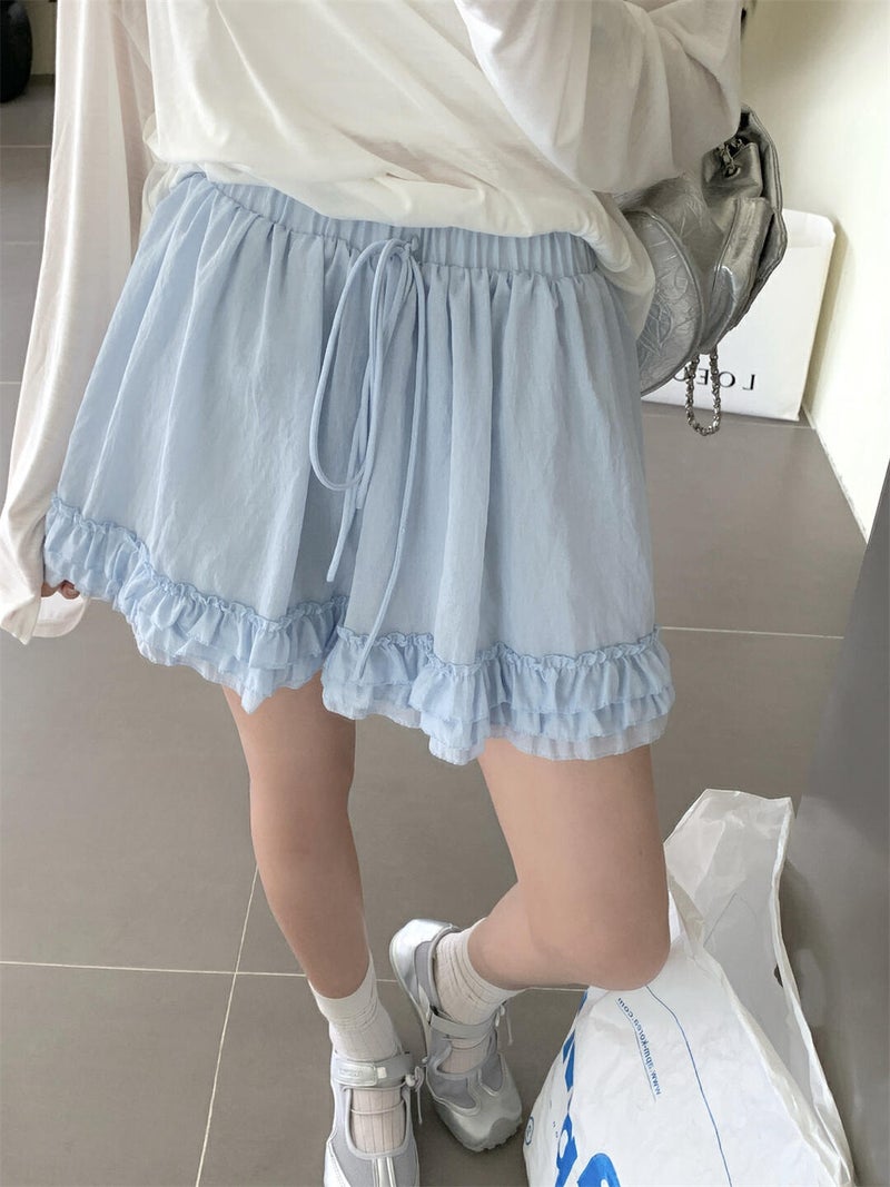 Korean Style Ruffled Lace-Up Half Skirt Pants for Women, New Summer Sweet Youthful Slimming Solid Color A-Line Short Skirt Wholesale - Image 2