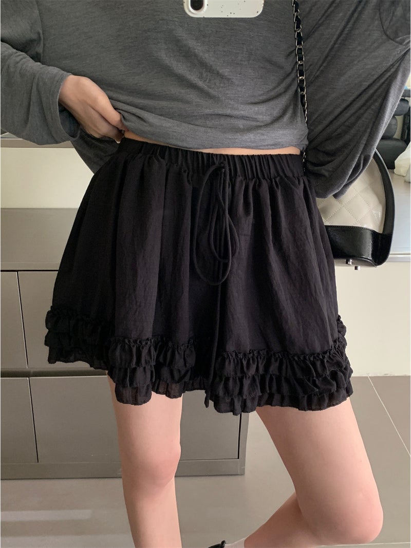 Korean Style Ruffled Lace-Up Half Skirt Pants for Women, New Summer Sweet Youthful Slimming Solid Color A-Line Short Skirt Wholesale - Image 3