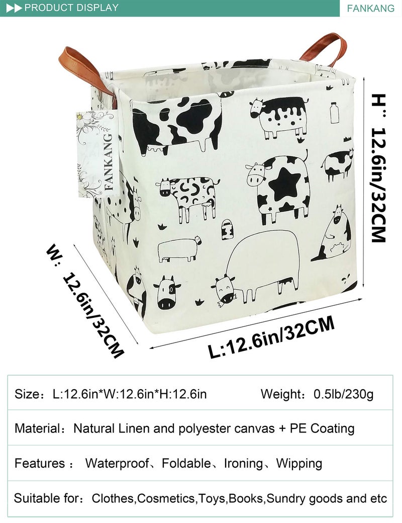 FANKANG Square Nursery Hamper Storage Bins Canvas Laundry Basket Foldable with Waterproof PE Coating Storage Baskets Gift Baskets for Children, Office, Bedroom, Clothesï¼ˆSquare-Cows ï¼‰ - Image 2