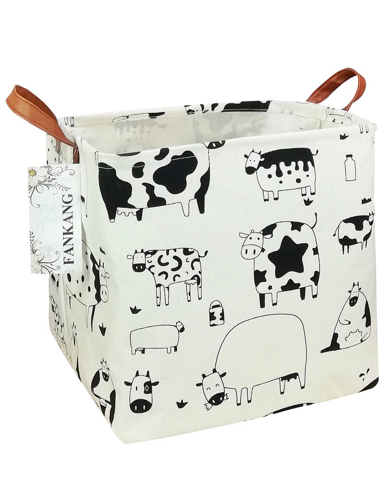FANKANG Square Nursery Hamper Storage Bins Canvas Laundry Basket Foldable with Waterproof PE Coating Storage Baskets Gift Baskets for Children, Office, Bedroom, Clothesï¼ˆSquare-Cows ï¼‰ - Image 1