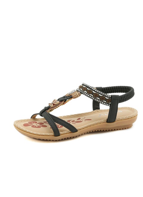 Folk Sandals Boho Beaded Retro Simple Casual Comfortable Flats Black