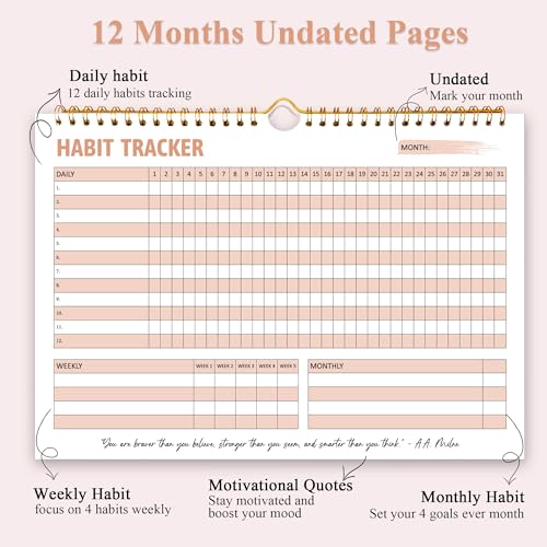 PIOOJK Habit Tracker Calendar, Daily Weekly Goal and Habit Tracker Journal, 12 Months Undated Habits Tracker Planner with Spiral Binding, Boost Productivity Tool and Workout Calendar, 11.7"x8.5" - Image 3