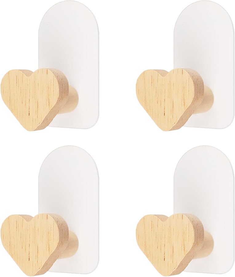 خطافات حائط خشبية ذاتية اللصق 4 قطع على شكل قلب لتزيين المناشف حقائب الظهر القبعات المعاطف - Image 2