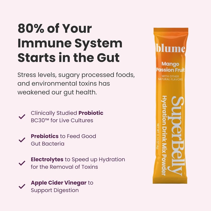 Blume باقة بلوم سوبر بيلي لصحة الأمعاء وترطيب فوري خالية من السكر مع بروبيوتيك وبريبيوتيك وخل التفاح وفيتامين C والإلكتروليتات مانجو فاكهة العاطفة 15 عود - Image 3