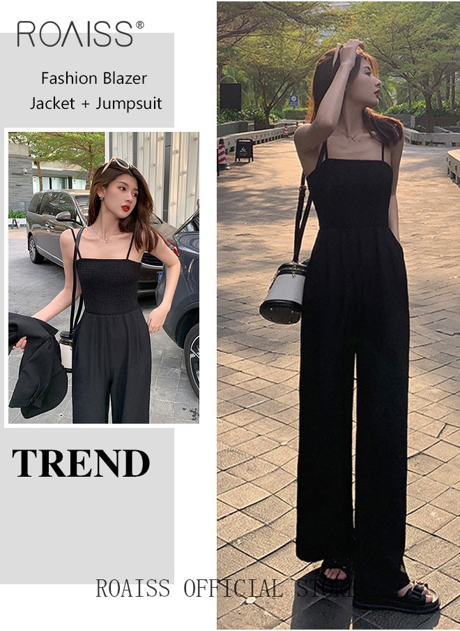 2-Piece Women Casual Suit Lapel Neck Shirt and Sling Pleated Wide Leg Jumpsuit Candy Color Matching Waist Design Ideal for Daily Commuting Wear - pzsku/Z71B92E9A97E64AD66F8AZ/45/_/1704950474/47476079-a258-4980-a03a-f8e7639c7e0a