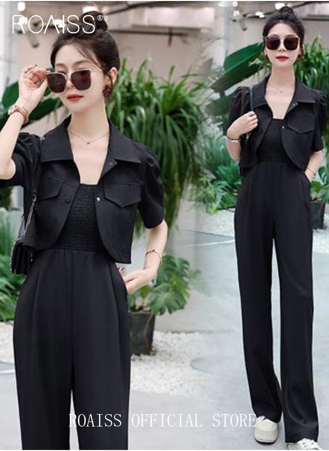 2-Piece Women Casual Suit Lapel Neck Shirt and Sling Pleated Wide Leg Jumpsuit Candy Color Matching Waist Design Ideal for Daily Commuting Wear - pzsku/Z71B92E9A97E64AD66F8AZ/45/_/1704950474/82d0efb6-5aca-480a-a233-72603e418f6d