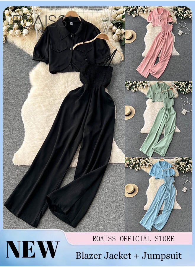 2-Piece Women Casual Suit Lapel Neck Shirt and Sling Pleated Wide Leg Jumpsuit Candy Color Matching Waist Design Ideal for Daily Commuting Wear - pzsku/Z71B92E9A97E64AD66F8AZ/45/_/1704950476/43d0d7a4-c5d8-4cf0-bc5e-36c5db380797