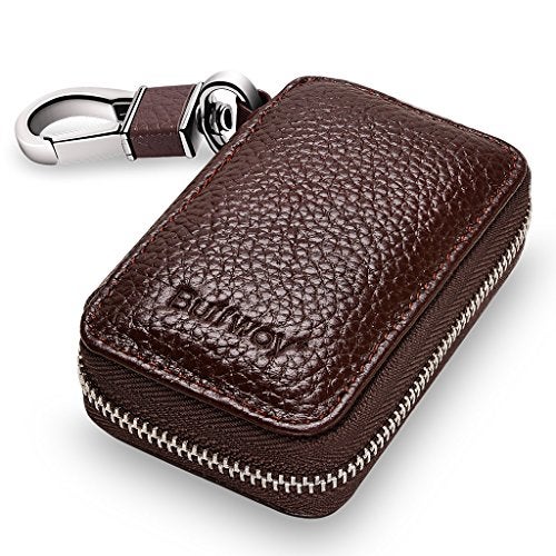 Buffway Car Key HolderGenuine Leather Car Keychain Coin Case Metal Hook and Keyring Wallet Zipper Case for Auto Remote Key Fob Coffee