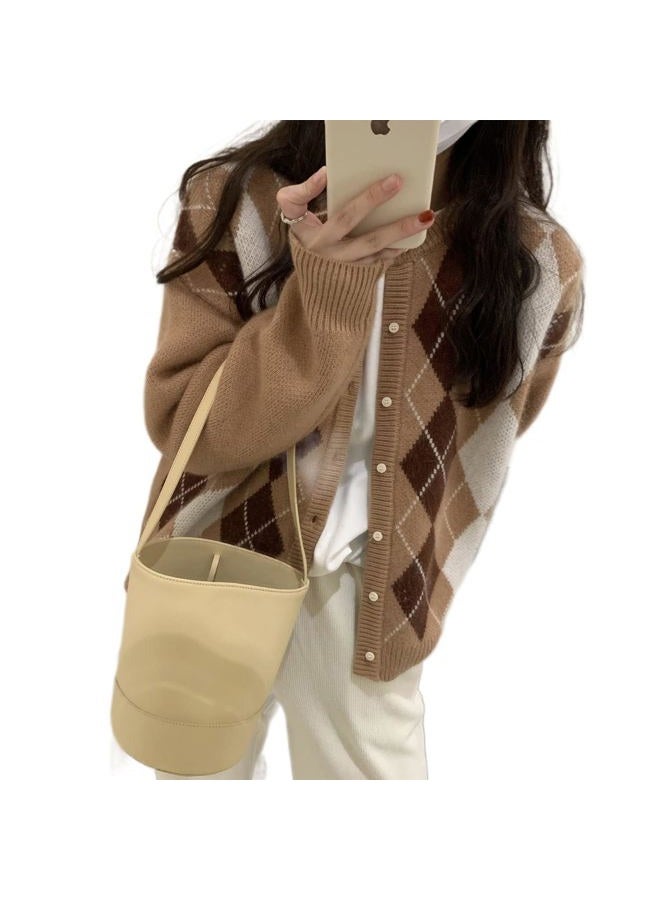 Sumleno Trendy Fall Sweater for Women 2024 Grunge Argyle Plaid Preppy Y2K E-Girl Cardigan Chunky Knit Vintage Grandpa Sweater (XL,A Khaki) - Image 1