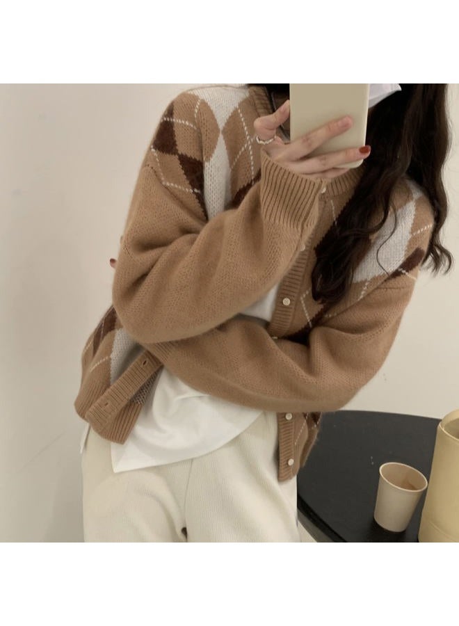Sumleno Trendy Fall Sweater for Women 2024 Grunge Argyle Plaid Preppy Y2K E-Girl Cardigan Chunky Knit Vintage Grandpa Sweater (XL,A Khaki) - Image 3