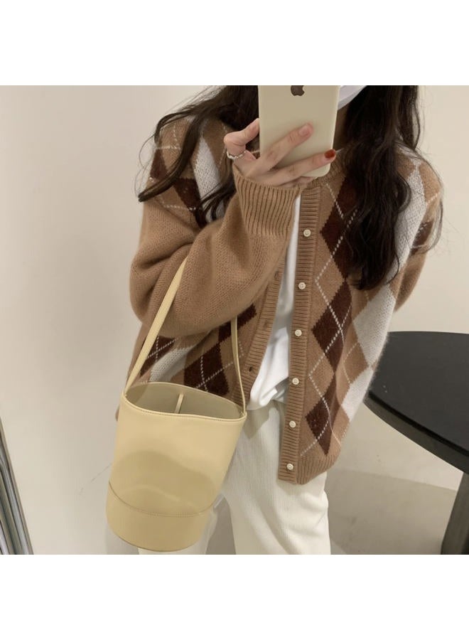 Sumleno Trendy Fall Sweater for Women 2024 Grunge Argyle Plaid Preppy Y2K E-Girl Cardigan Chunky Knit Vintage Grandpa Sweater (XL,A Khaki) - Image 2