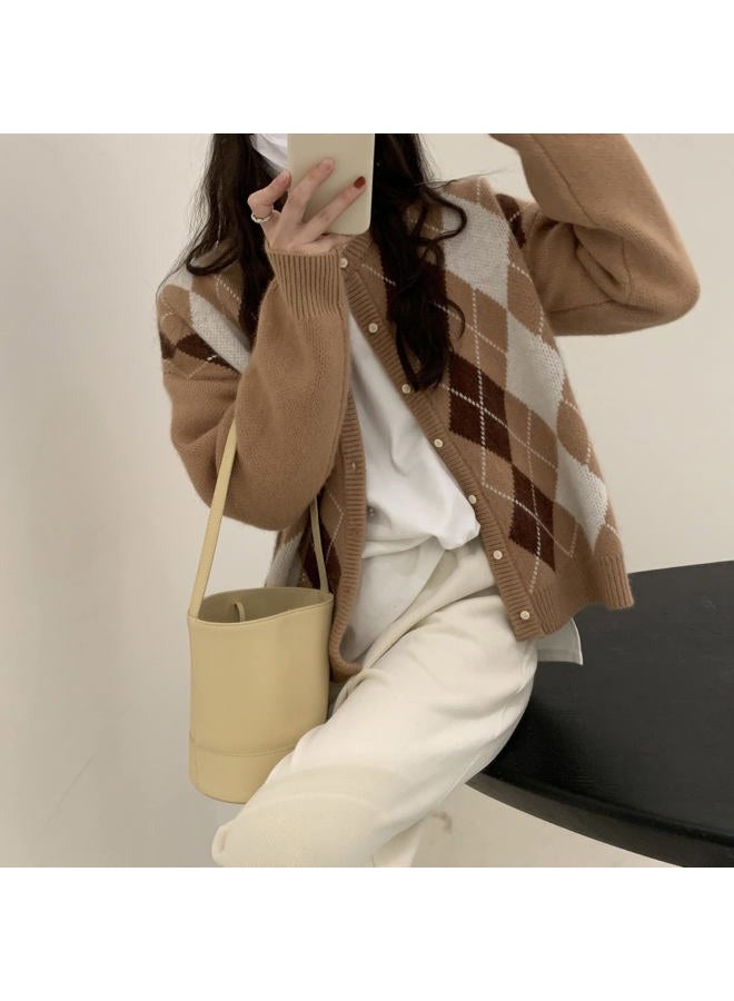 Sumleno Trendy Fall Sweater for Women 2024 Grunge Argyle Plaid Preppy Y2K E-Girl Cardigan Chunky Knit Vintage Grandpa Sweater (XL,A Khaki) - Image 4