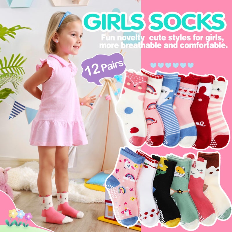 Welwoos Baby Girls Toddlers Grips Socks Kids Non Slip Anti Skid Funny Animal Cartoon Gift Cotton Socks with Grippers 12 Pairs Stocking Stuffers (Animal,3-5 Y) - Image 2
